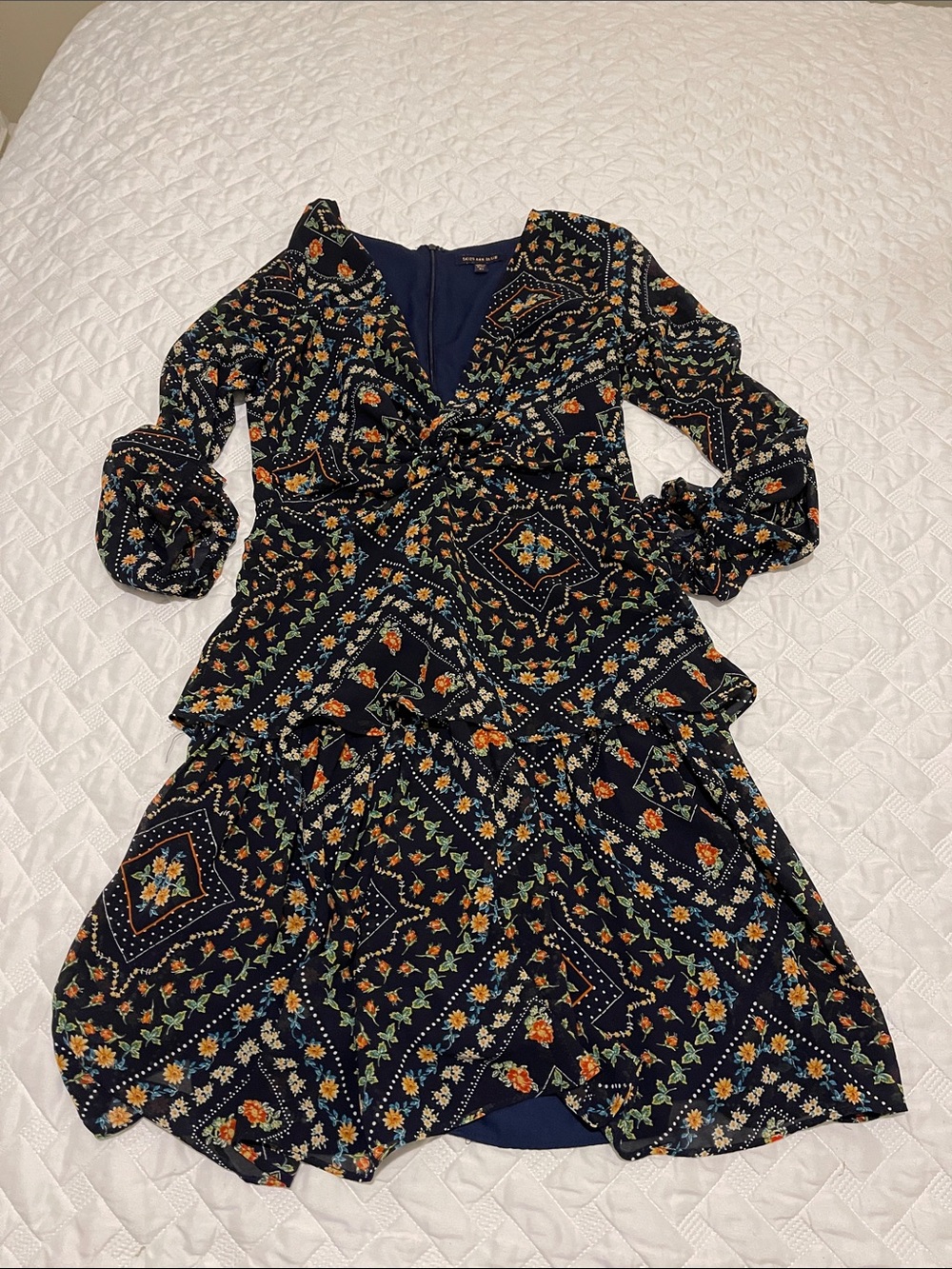 Skies Are Blue Navy Floral-Print Long Sleeve Wrap Dress